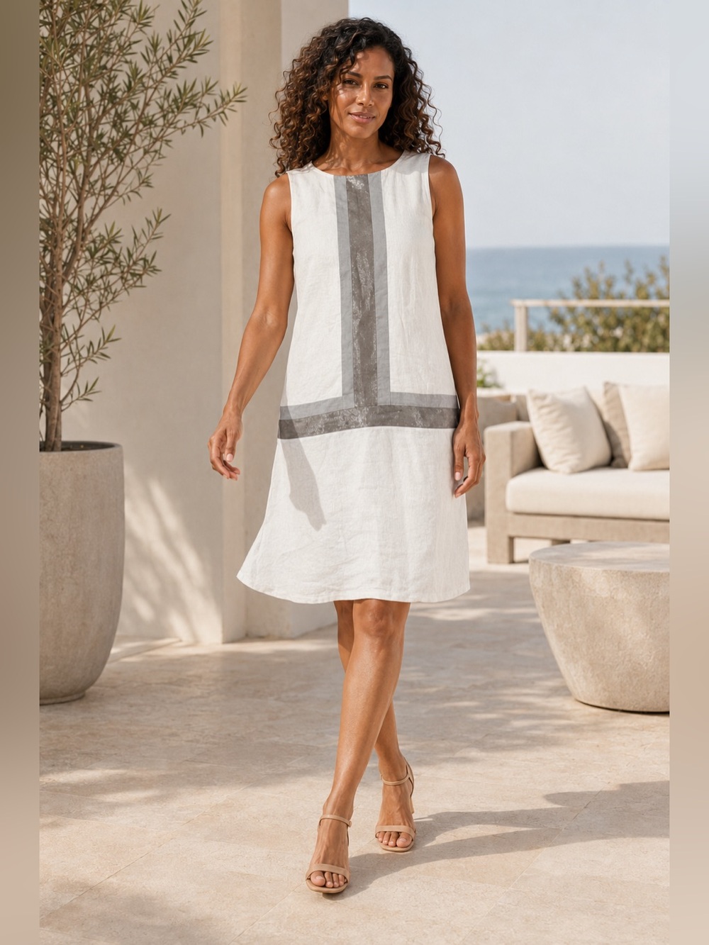 Promod White Gray Metallic Colorblock Sleeveless Shift Dress M